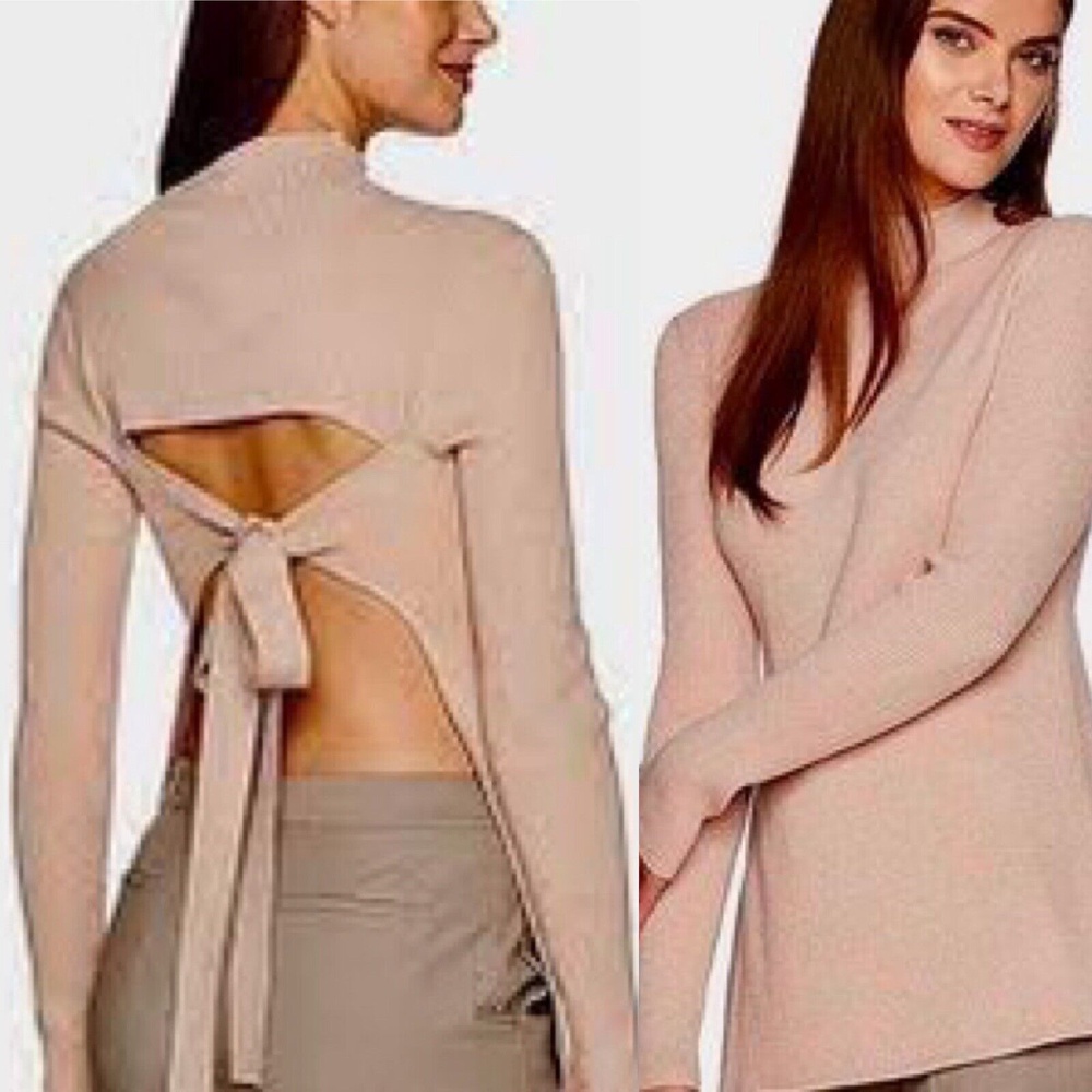 BCBGMaxAzria Charlie Ribbed Long Sleeve High Neck Blouse Top Blush XXS